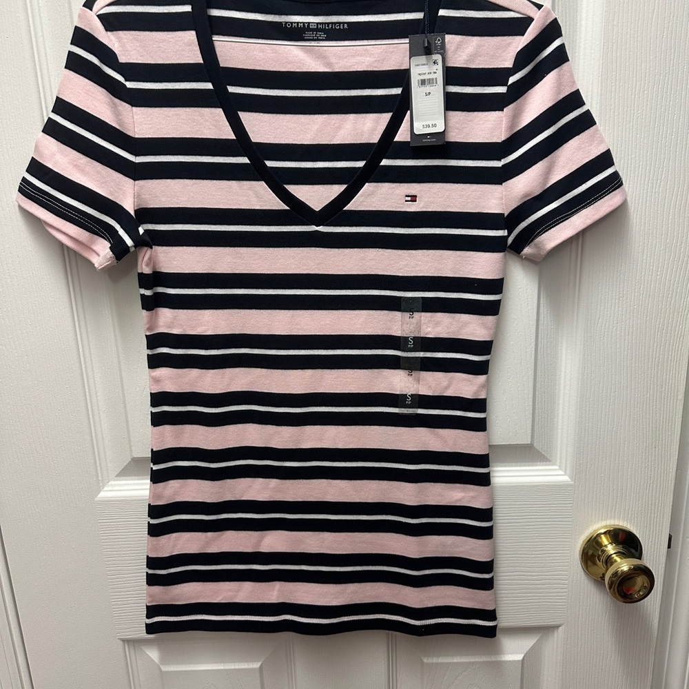 Tommy Hilfiger Women's Short Sleeve Pink and Navy Blue Striped Tee